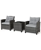 Gymax 3PCS Patio Rattan Sofa Set Outdoor Wicker Conversation Set Glass Tabletop w/ Grey Cushion