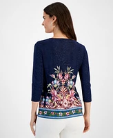 Jm Collection Petite Floral-Print 3/4-Sleeve Top, Created for Macy's