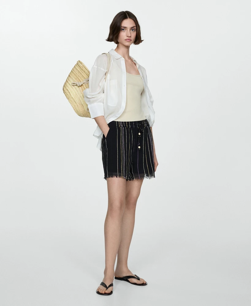 Mango Women's Frayed Bottom Hem Striped Shorts