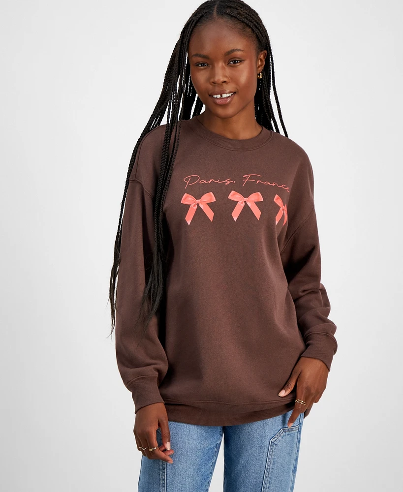 Rebellious One Juniors' Paris Bow Graphic Sweatshirt