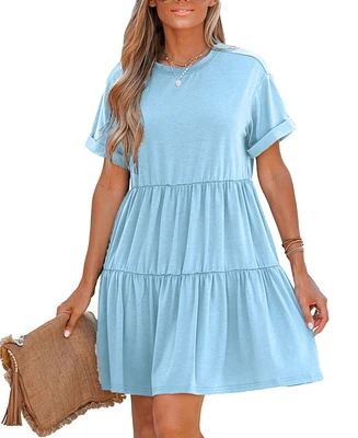 Cupshe Women's Blue Round Neck Short Sleeve Drop Shoulder Mini Beach Dress