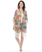 White Mark Women's Sheer Fringe Kimono