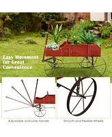 Sugift Wooden Wagon Plant Bed with Metal Wheels for Garden Yard Patio