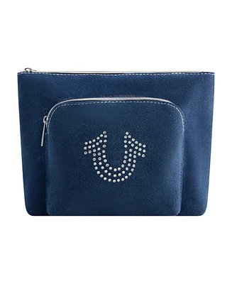 True Religion Trapazoid zip cosmetic bag with exterior zip pocket