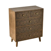Handcrafted Accent Drawer with Abstract Carvings - 5 Drawers - Natural Wood Veneer