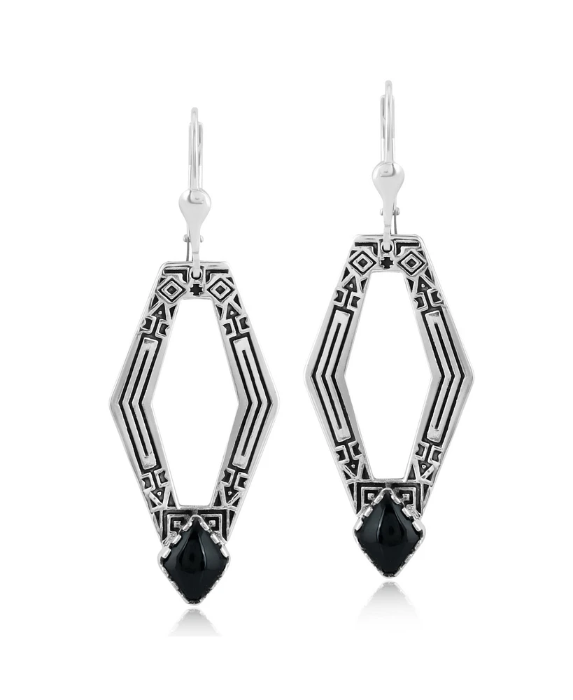 American West Jewelry Sterling Silver and Geometric Shape Agate Gemstone Lever Back Earrings