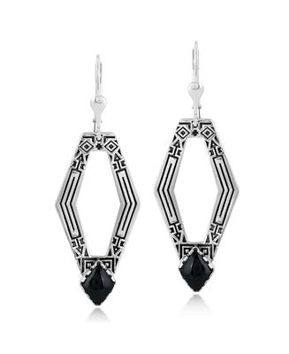 American West Jewelry Sterling Silver and Geometric Shape Black Agate Gemstone Lever Back Earrings