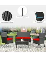 Sugift 4 Pieces Patio Rattan Cushioned Sofa Set with Tempered Glass Coffee Table-Red