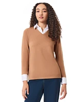 Jones New York Womens Serenity with Cotton Poplin Long Sleeve V-Neck Twofer Top