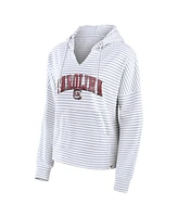 Fanatics Women's White/Gray South Carolina Gamecocks Arch Logo Striped Notch Neck Pullover Hoodie