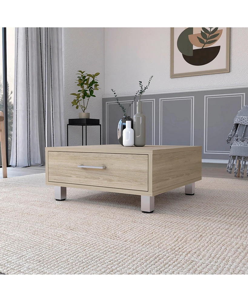 Fm Furniture Myers coffee table, four legs, top board, metal handle and a drawer with metal rail