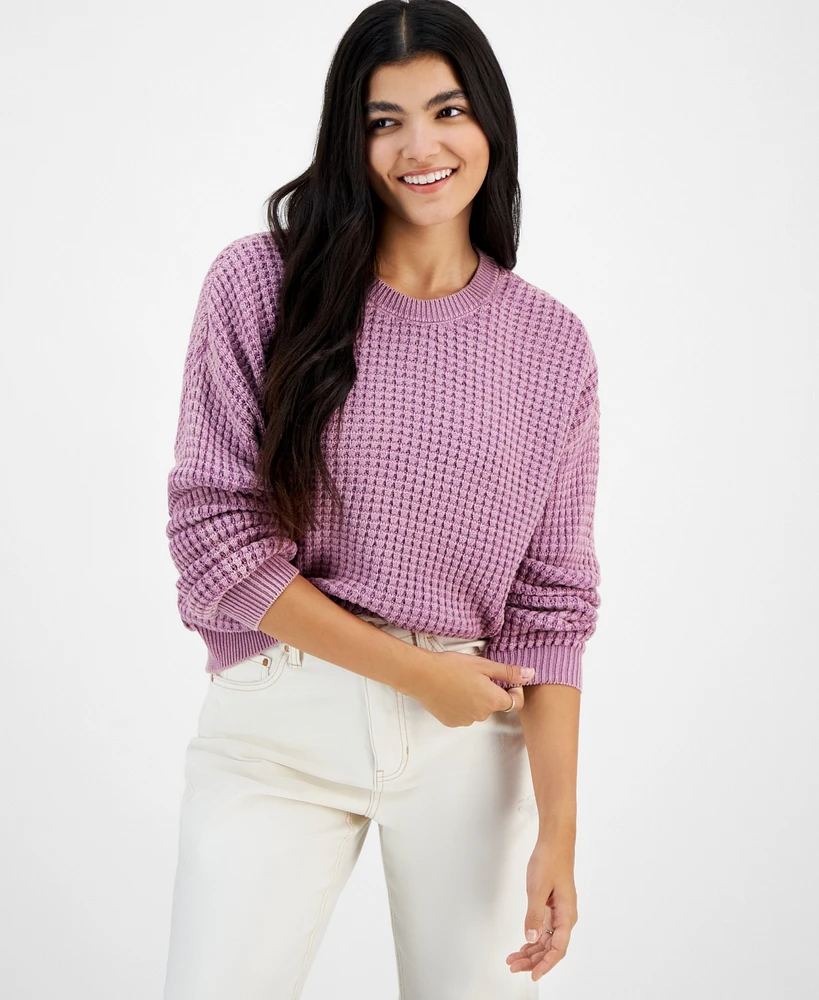 Ultra Flirt Juniors' Washed Waffle-Knit Crewneck Sweater