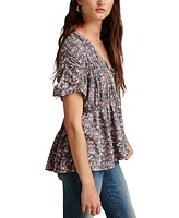 Lucky Brand Women's Printed Cotton Smocked Peplum Top