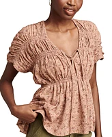 Lucky Brand Women's Printed Cotton Smocked Peplum Top