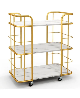 Slickblue 3-Tier Metal Kitchen Storage Serving Cart Trolley with Marble Tabletop and Handles-Golden