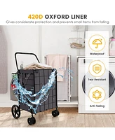 Slickblue Folding Rolling Shopping Cart with Waterproof Liner and Basket-Black