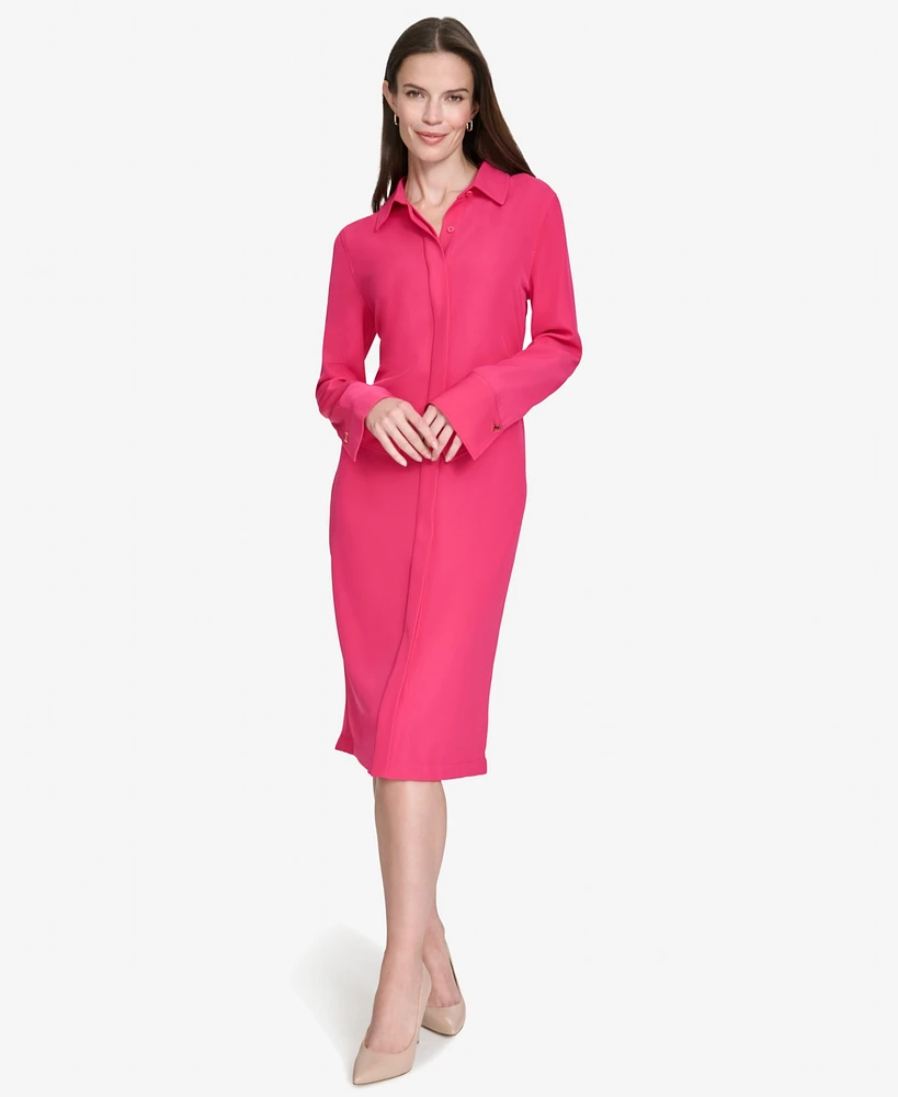 Halston Women's Long-Sleeve Collared Side-Tuck Dress