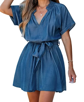 Cupshe Women's Blue Short Sleeve Tie Waist Mini Beach Dress