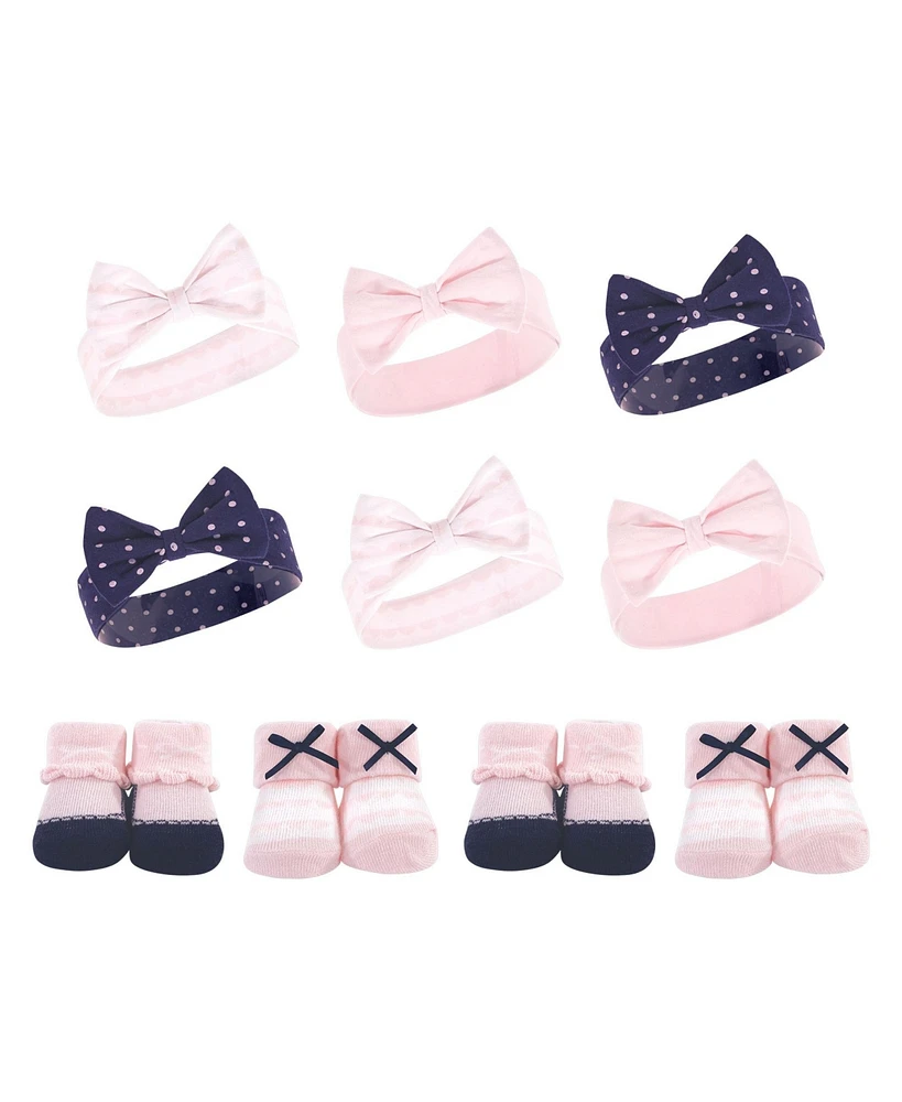 Hudson Baby Baby Girls 10Pc Headband and Socks Set, Pink Polka Dot, 0-9 Months