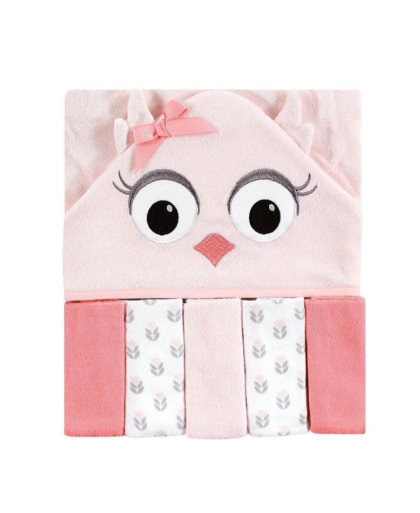 Hudson Baby Infant Girl Hooded Towel and Five Washcloths, Pink Owls, One Size