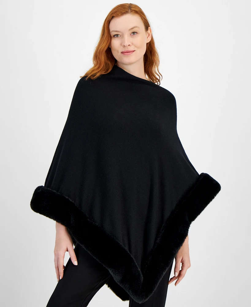 Anne Klein Women's Faux Fur Trim Poncho Cape