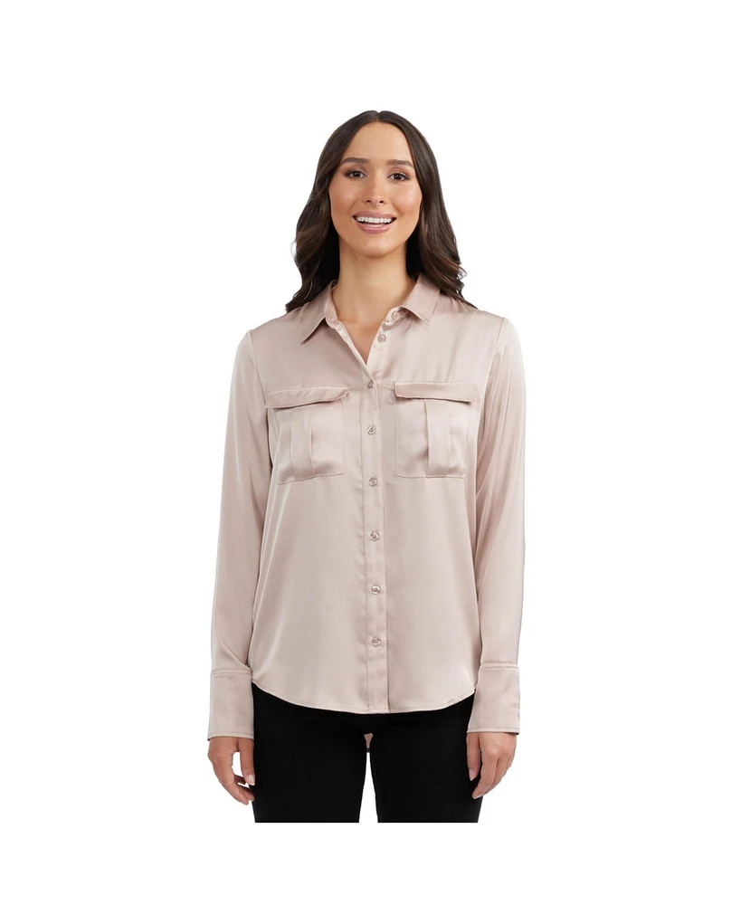 Ellen Tracy Women's Satin Blouse with Patch Pockets