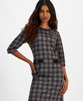 Connected Petite Plaid 3/4-Sleeve Sheath Dress