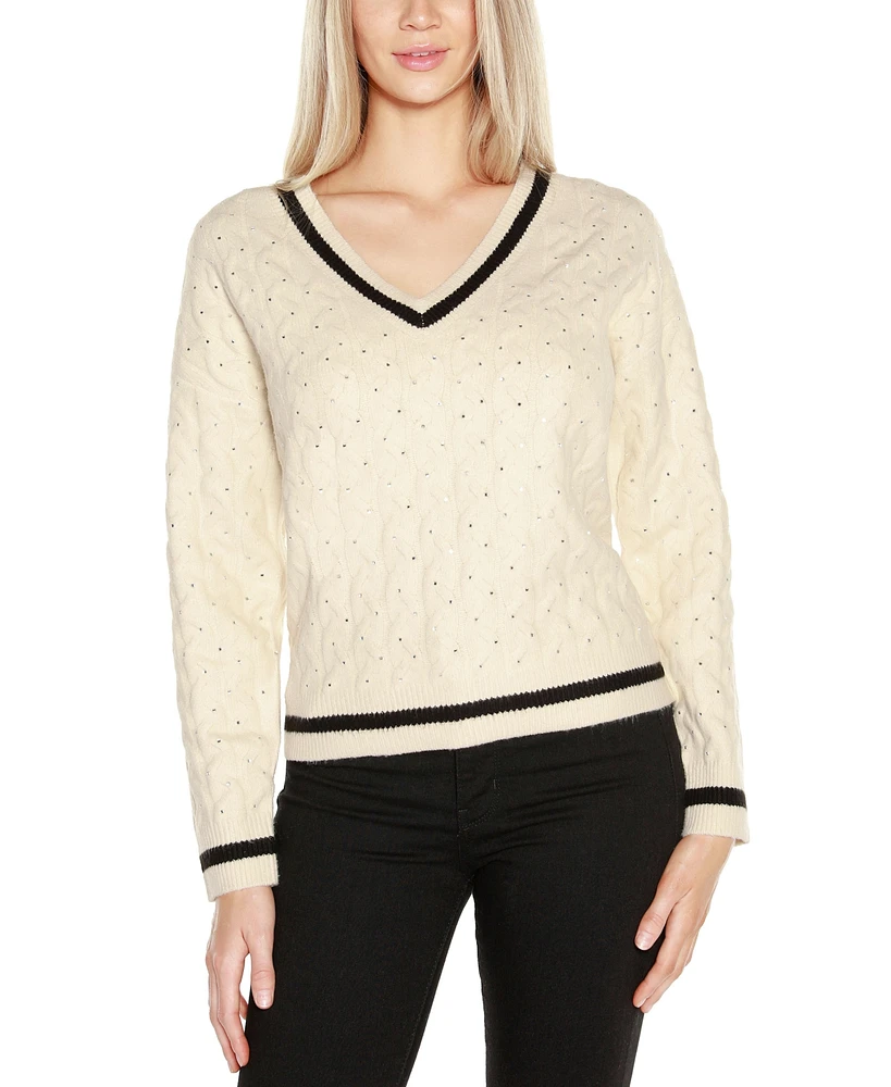 Belldini Women's Black Label Embellished Cabled V-Neck Sweater