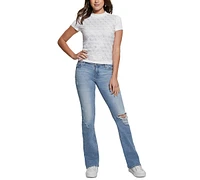 Guess Women's Rhinestone-Logo Mock-Neck Short-Sleeve Top