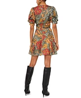 1.state Women's Floral V-Neck Tiered Bubble Puff Sleeve Mini Dress