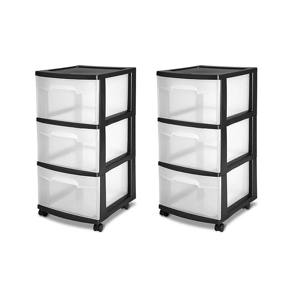 Sterilite 3-Drawer Plastic Rolling Storage Cart, Clear with Black Frame (2-Pack)