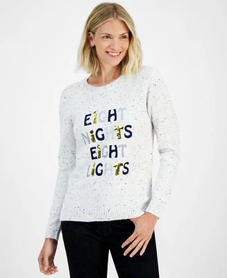 Holiday Lane Women's Eight Nights Sequined Crewneck Sweater, Created for Macy's