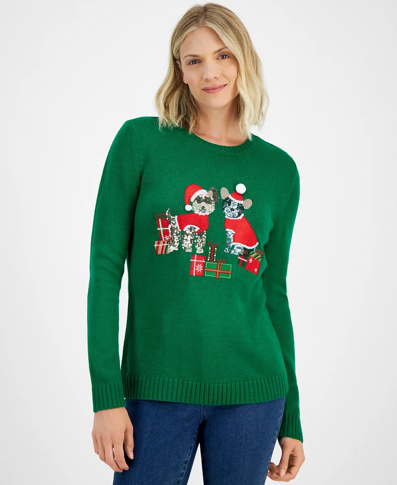 Holiday Lane Women's Sequined Dogs Crewneck Sweater, Created for Macy's