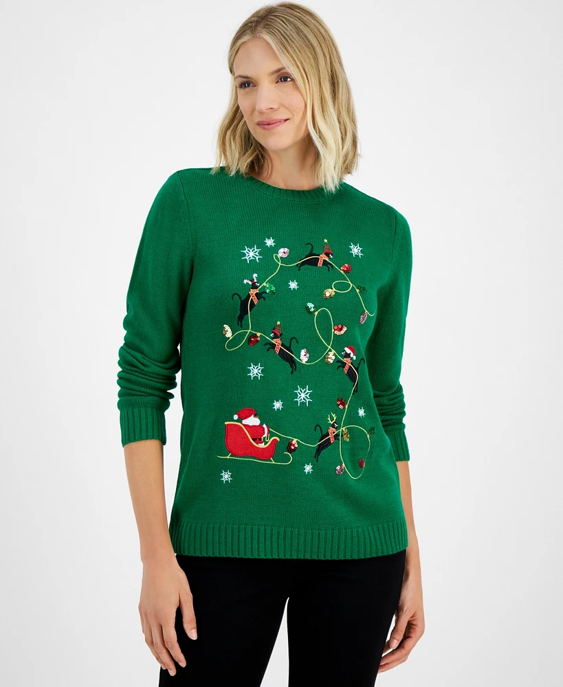 Holiday Lane Women's Kitten Sleigh Crewneck Sweater, Created for Macy's