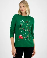 Holiday Lane Women's Kitten Sleigh Crewneck Sweater, Created for Macy's