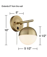 360 Lighting Luna Mid Century Modern Indoor Wall Mount Lamp Antique Brass Plug-In Light Fixture Frosted Glass Globe Shade for Bedroom Bedside House Re