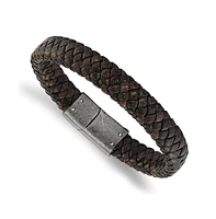 Chisel Stainless Steel Antiqued Brushed Brown Braided Leather Bracelet