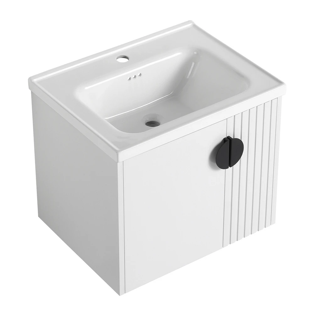Wall-Mounted Vanity | Dual-Door with 3D Wave | Ceramic Sink | Soft-Close | Metallic