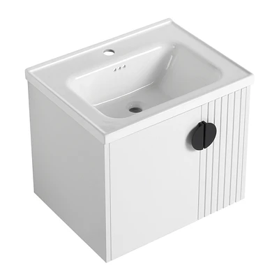 Wall-Mounted Vanity | Dual-Door with 3D Wave | Ceramic Sink | Soft-Close | Metallic