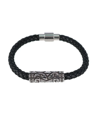 Trafalgar Silver Filigree Pattern on Black Leather Bracelet