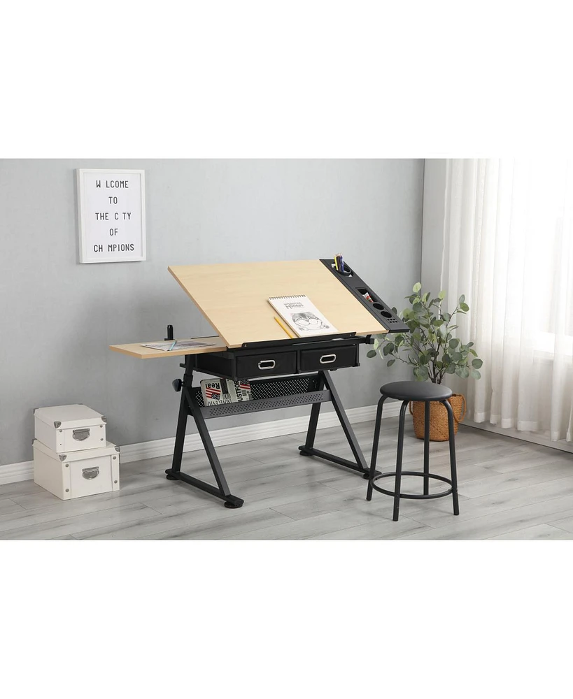 Simplie Fun Adjustable Drawing Drafting Table Desk With 2 Drawers For Home Office And School With Stool(Wood)