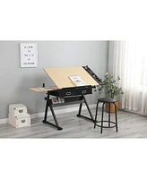 Simplie Fun Adjustable Drawing Drafting Table Desk With 2 Drawers For Home Office And School With Stool(Wood)