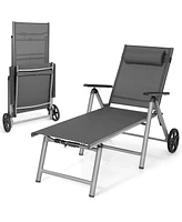 Gymax 2PCS Patio Recliner Chair Outdoor Adjustable Folding Chaise Lounge Chair w/ 2 Wheels