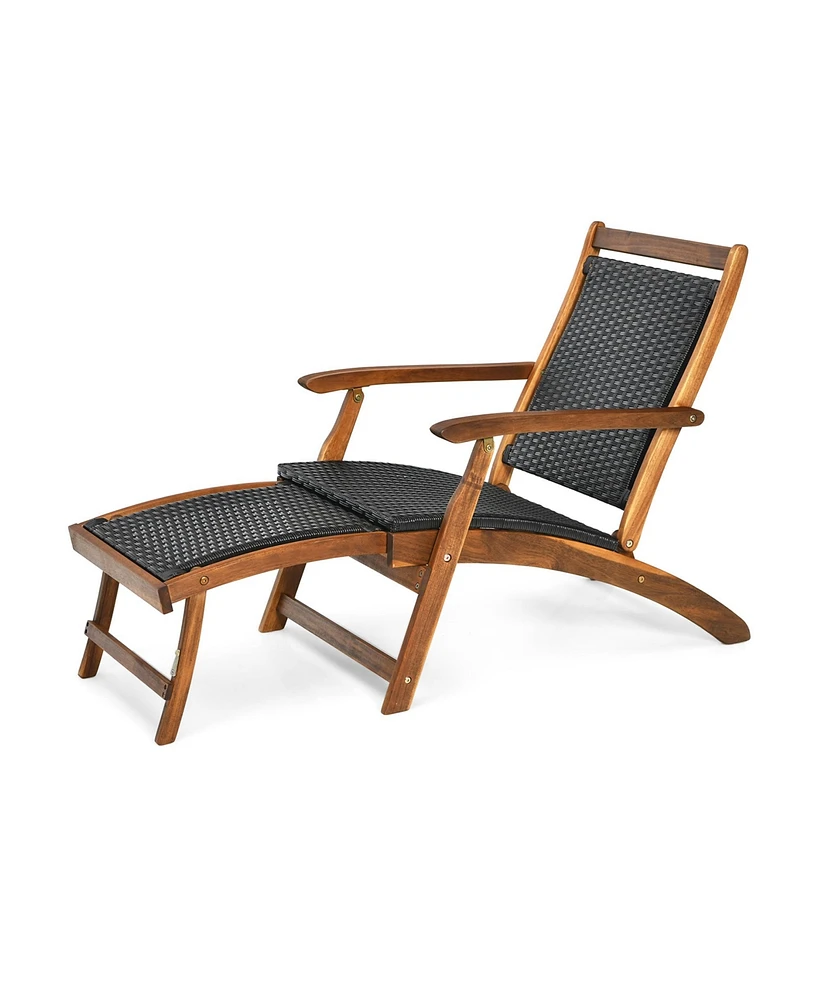 Gymax Folding Patio Acacia Wood Deck Chair Rattan Chaise Lounge Chair w/ Footrest