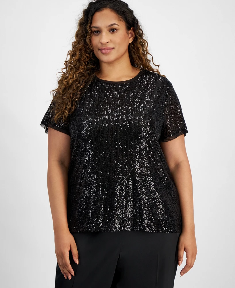 Anne Klein Plus Sequinned Mesh-Trim Short-Sleeve Top