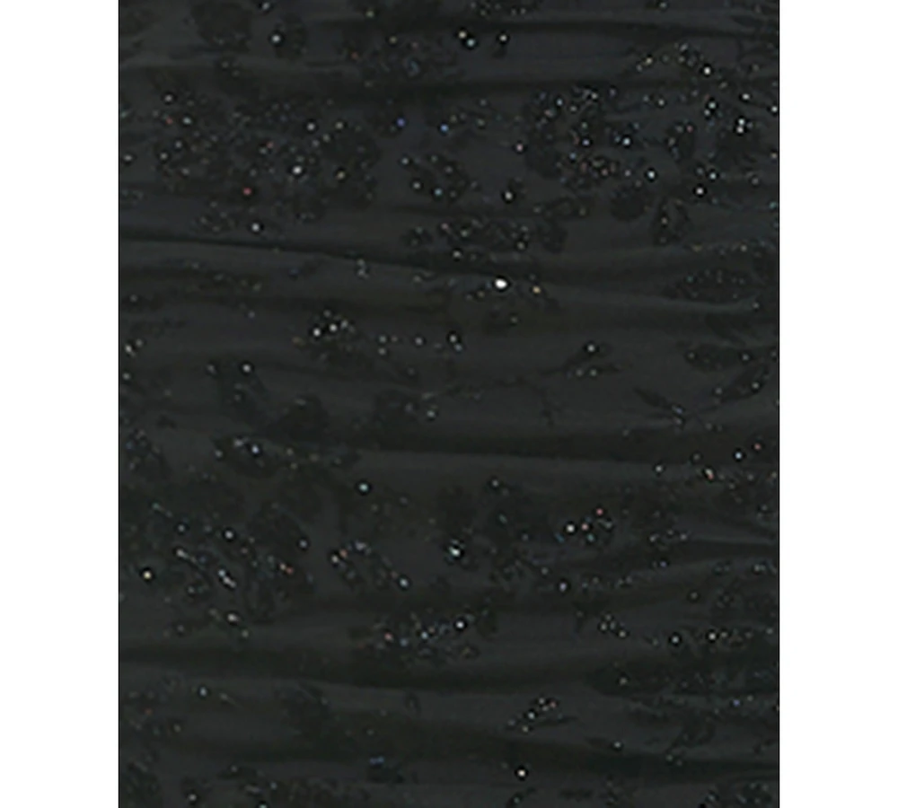 City Studios Juniors' Flocked Glitter Mesh Ruched Corset Gown
