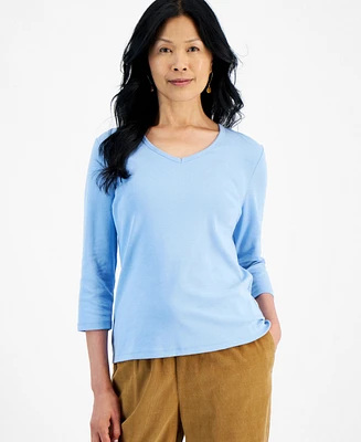 Style & Co Petite V-Neck 3/4-Sleeve T-Shirt, Created for Macy's