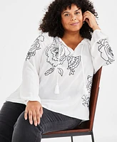 Style & Co Plus Floral-Embroidered Popover Blouse, Created for Macy's