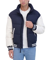 Hudson Men's Varsity Puffer Jacket with Faux Leather Sleeves