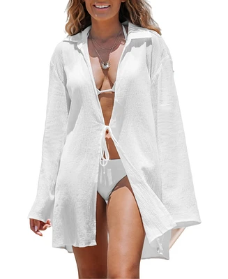 Cupshe Women's Sheer Tie-Front Long Sleeve Cover-Up Beach Dress